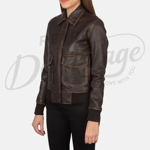 Women Brown Distressed Real <b>Leather</b> <b>Jacket</b> Shirt Collar Slim Fit Premium Sheepskin Casual Winter Bomber Outerwear Fashion Coat - Product Image 5