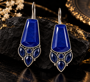 Pendientes Colgantes de Moda de Plata Oxidada y Latón con Piedra Azul |   Joyería Étnica Boho para Fiestas |   Suministro al por Mayor - Product Image 4