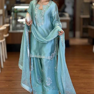 Pure Glass Silk Embroidery & Sequence Work <b>Kurti</b> with Farshi Palazzo & Dupatta Set for Women - Product Image 1