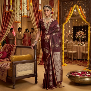 ผ้าส่าหรีผ้าซาตินสีแดงเลือดหมูทอมืออย่างหรูหรา พร้อมขอบปักดิ้นทอง |   ชุดส่าหรีงานแต่งงานแบบดั้งเดิมที่สง่างามสำหรับผู้หญิง - Product Image 2