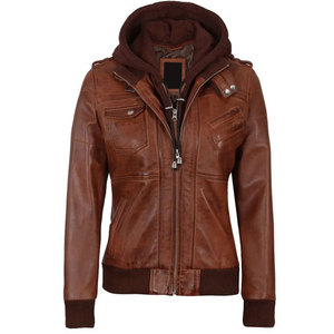 Chaqueta Bomber de Cuero Genuino Marrón para Mujer con Capucha Desmontable, Cierre de Cremallera, Manga Larga, para Otoño - Product Image 4