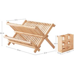 Escurridor de Platos Plegable de Bambú de 2 Niveles con Soporte para Utensilios y Cuchillos - Product Image 3