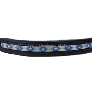 Superior Quality Thick Bridle Leather Black Horse Brow Band Empty Channel Inlaid with Designer Multicolor <b>Beads</b> Hotfix Chain - Product Image 1