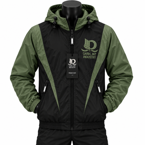 OARH_INT INDUSTRY Herren Windbreaker-Jacke mit Kapuze Grün Schwarz Winddicht Lässig Reißverschluss Besticktes Logo Herbstbekleidung - Product Image 1