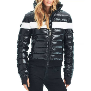 Women's Black Quilted Winter Jacket With White Color <b>Block</b> Hooded Full Sleeve Thick Polyester Wadding Windproof Zipper Closure - Product Image 4