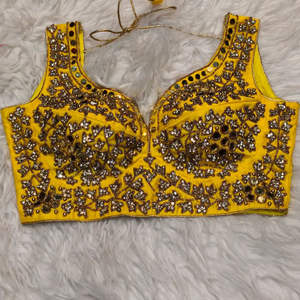 Women's Yellow Bridal <b>Crop</b> <b>Top</b> Designer Blouse Satin Sweetheart Collar 100% <b>Silk</b> Anti-Wrinkle Woven Winter Wedding - Product Image 3