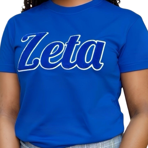 Camiseta Azul de Chenilla Zeta Phi Beta para Mujer, Camiseta Casual Bordada con Letras Griegas de la Hermandad Zeta - Product Image 6