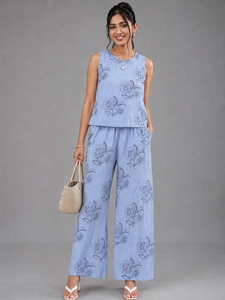Conjunto de Pantalones de Seersucker 100% Algodón para Mujer, Top sin Mangas con Estampado Floral y Pantalones Anchos, Ropa Casual de Primavera/Verano - Product Image 1