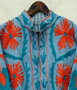 Velvet Embroidered Floral Winter Breathable Cotton <b>Jacket</b> <b>Mandarin</b> <b>Collar</b> Full Sleeve Women's Coat Hand Embroidery Design - Product Image 1
