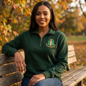 Dark <b>Green</b> Women Quarter Zip Pullover Sweatshirt with Embroidered Crest Long Sleeve Casual Soft Comfortable Everyday Fashion Tee - Product Image 5