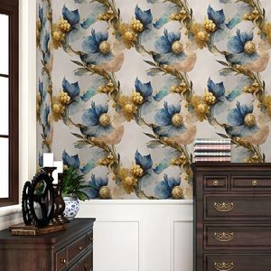 Carta da Parati Vintage Floreale Grande, Facile da Applicare e Rimuovere, Motivo Astratto Marmo e Fiori in Oro/Blu, Carta Adesiva Classica per Pareti - Product Image 6