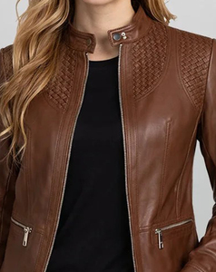 Chaqueta de Motociclista de Cuero Genuino Marrón para Mujer 2026 High Street, Cuello Alto, Cremallera, Estilo Moto, Cortavientos, Venta al por Mayor - Product Image 4