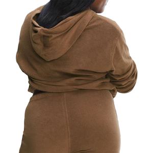 Sudadera con capucha corta para mujer al por mayor, de tejido polar suave, informal de invierno, con cordón ajustable en la cintura y diseño frontal personalizado. - Product Image 1