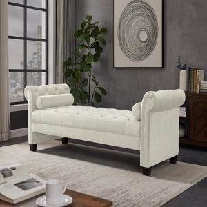 Ivory Velvet Rectangular <b>Sofa</b> Bench with Solid Wood Legs & Attached Cylindrical Pillows for <b>Living</b> <b>Room</b> - Product Image 2