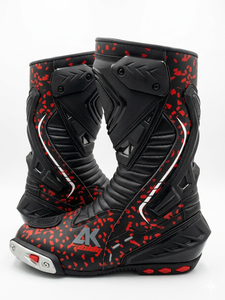 Botas de moto a media pantorrilla con parte superior de PU, suela de cuero genuino, forro impermeable, cierre de cremallera, estampado rojo y negro, estilo de carreras, transpirables, para todo tipo de clima. - Product Image 2