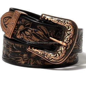 Ceinture d'outillage en cuir de style occidental pour hommes, sculptée à la main, design personnalisé, avec boucle et boucle de designer en cuivre plaqué 3 pièces - Product Image 4