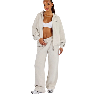 Womens Full <b>Zip</b> <b>Hooded</b> Tracksuit Set Wide Leg Trousers Drawstring Waist Relaxed Two Piece Casual Lounge Travel Streetwear Outfit - Product Image 1