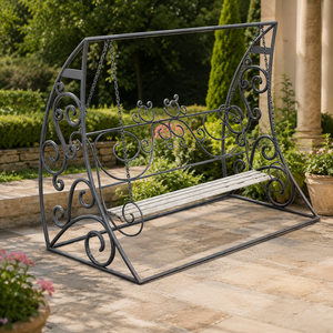 Banc balançoire de jardin en fer forgé orné avec chaînes, Jhula décorative d'extérieur avec siège à lattes pour pelouse et porche - Product Image 2