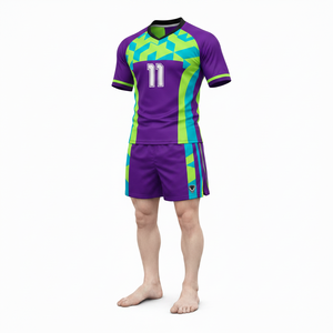 Conjunto de pantalones cortos de uniforme de rugby geométrico morado para hombre, número 11, sublimado, que absorbe la humedad, ajuste atlético, para todas las estaciones - Product Image 1