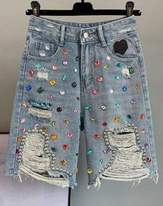 Denim Shorts Vintage Zipper 100% Cotton <b>Black</b> Denim Raw <b>Edge</b> Hem Crystal-embellished Denim Shorts - Product Image 2