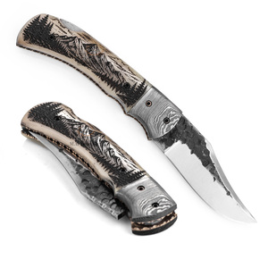 Cuchillo Plegable de Acero de Damasco Personalizado - Grabado Láser en Hueso de Camello - Águila Voladora sobre Montaña y Lago - Grado Industrial 19cm para Caza - Product Image 6