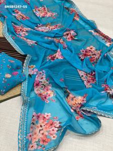 Sari en Georgette de Haute Qualité avec Imprimé Floral Numérique et Bordure Brodée - Ensemble Blouse Assortie - Fournisseur Indien - Product Image 4