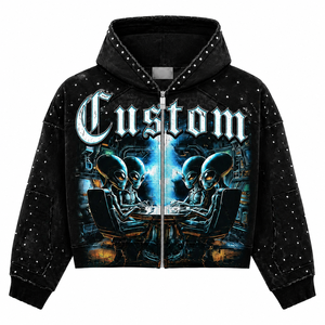 Sweat à capuche surdimensionné personnalisé avec strass, 100 % coton, tissu respirant, nouveau style vintage, broderie sérigraphiée sur le devant - Product Image 4