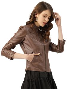 Chaqueta Corta de Cuero para Mujer, Color Vino Tinto, Nueva Colección, Chaqueta de Cuero Corta para Mujer - Product Image 3