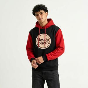 Sudadera con capucha unisex roja y negra con mangas raglán, cierre de cremallera, forro polar, bolsillo frontal con logo, estilo casual para otoño, hecha en Bangladesh. - Product Image 6