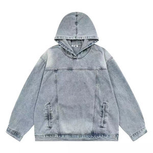 Custom Print <b>logo</b> <b>No</b> String Acid Wash Denim Hoodie Cotton Heavyweight Thick Design Streetwear Oversize Men Hoodie - Product Image 1