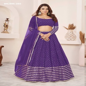 Ensemble Lehenga et Choli en Georgette de Qualité Supérieure avec Broderie Zari, Multiples Paillettes, Petits Motifs et Dentelle, Style Can-Can - Achat en Ligne Inde - Product Image 1