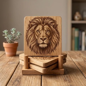 Juego de Posavasos Cuadrados Rústicos de Madera con Diseño de León, Hechos a Mano, 10 cm de Diámetro, Arte con Cuentas - Product Image 1