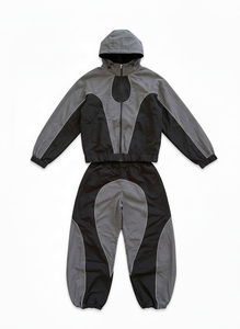 Ensemble de survêtement coupe-vent délavé à l'acide personnalisé avec veste à capuche zippée et pantalon de jogging taille haute élastique en nylon ample - Product Image 2