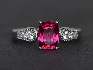 Anillo de rubí plateado con corte cojín, gema roja, anillo de compromiso de rubí, piedra de nacimiento de julio, joyería fina para mujer - Product Image 6