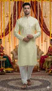 Collection de vêtements ethniques haut de gamme en soie jacquard lourde avec broderies complexes pour hommes – Kurtis traditionnels de mariage sans plis - Product Image 3