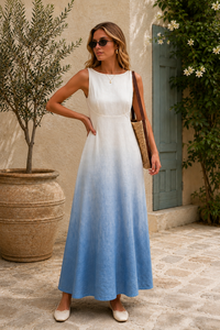 Robe longue décontractée sans bretelles en rayonne à carreaux bleus et blancs pour femme, style élégant, respirante, avec ourlet évasé et sans manches - Product Image 5