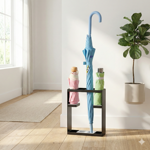 Soporte moderno para paraguas mojados de interior con estante de almacenamiento, fabricado en Taiwán, con 10 piezas metálicas con recubrimiento en polvo japonés, móvil, para TV y compras. - Product Image 1