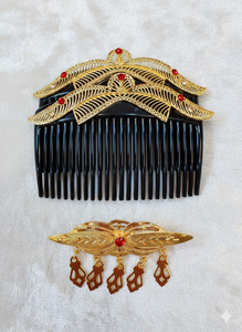 Peigne à cheveux vintage en alliage plaqué or, fait main, écologique, étanche, design floral avec mini pierres rouges, pour mariée et mariage - Product Image 6