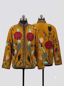 Veste Suzani jaune moutarde, faite à la main, brodée, veste pour femme, broderie indienne vintage Suzani, manteau bohème ethnique tribal - Product Image 5