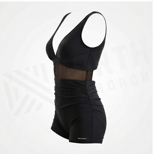 Women's Black Deep V Neck One-Piece Swimsuit With Mesh Cutout And Tummy Control Shorts - Product Image 3