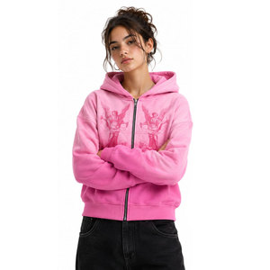 Sweat à capuche rose oversize avec imprimé ange sur le devant, 100% coton French Terry, unisexe, décontracté, pour l'automne - Product Image 2