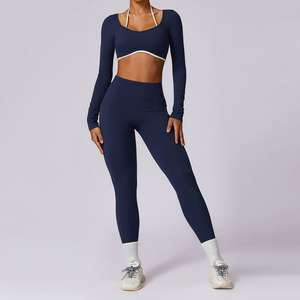 Ensembles de yoga tendance pour femmes, 2 pièces, manches courtes, extensibles, en Spandex/Nylon, avec logo frontal, pour la gym et l'entraînement - Product Image 2