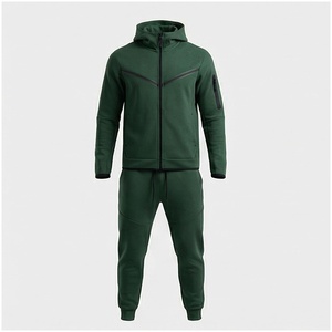 Conjunto Deportivo Verde para Hombre, Manga Larga, con Capucha, Cierre Frontal, Color Sólido, Transpirable, Corte Regular, para Otoño - Product Image 1