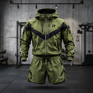 Conjunto Deportivo para Hombre, Color Verde Oliva, con Capucha, Ligero, para Exteriores, Manga Larga, Cierre Frontal con Cremallera, Secado Rápido, Pantalones Cortos Deportivos, Corte Regular - Product Image 6