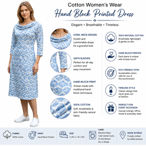 Vestido Midi de Algodón 100% para Mujer, Estampado a Mano, con Cuello Tipo Capucha, Mangas 3/4, Transpirable, Informal, Estilo Étnico, para Verano - Product Image 5