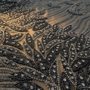Midnight Charcoal 100% Polyester Jacquard Fabric Leaf Pattern Crystal Embroidered Lace Woven Lightweight 90 GSM Sheer In-Stock - Product Image 4