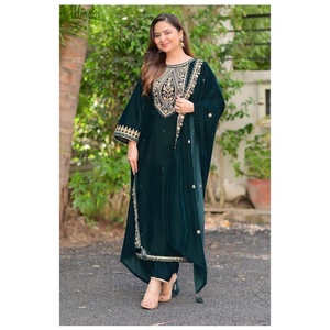 FANTAISIE VELOURS BRODERIE SEQUENCE TRAVAIL HAUT BAS AVEC DUPATTA VERT - Product Image 4