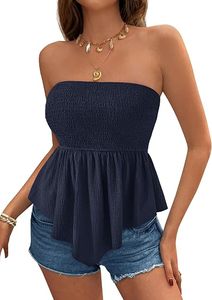 <b>Women</b> Strapless <b>Navy</b> Blue Crepe <b>Top</b> With Ruffles Casual Spring Summer Daily Wear Loose Fit Above Knee Solid Color - Product Image 4