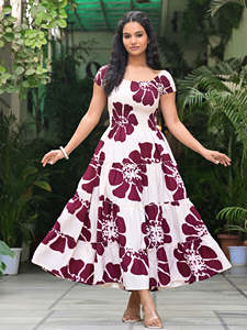 Robe élégante pour femmes, à volants floraux, coupe évasée, mi-mollet, tissée, écologique, col rond, décontractée, pour les occasions spéciales - Product Image 2