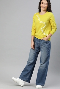 Sweat-shirt à col rond pour femme, jaune uni, manches longues, tricoté en coton respirant, vêtements d'automne - Product Image 5